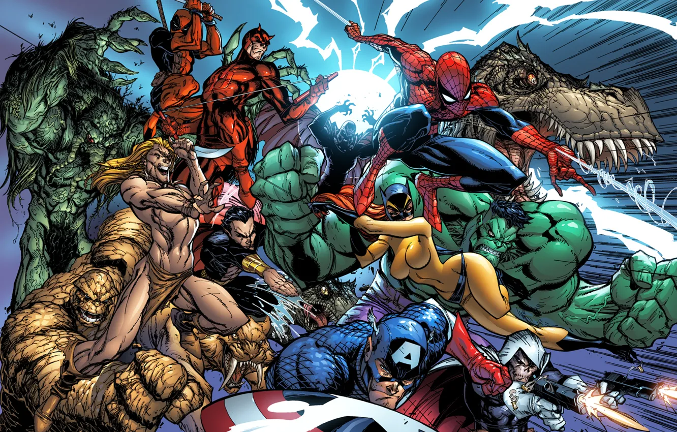 Photo wallpaper Deadpool, Daredevil, hulk, Marvel Comics, Spider-Man, Peter Parker, Wade Wilson, fantastic four