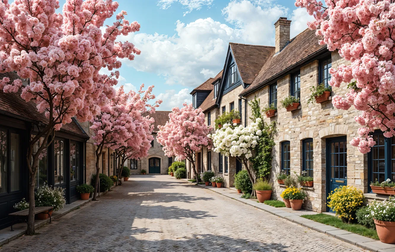 Photo wallpaper trees, the city, street, home, spring, Sakura, flowering, trees
