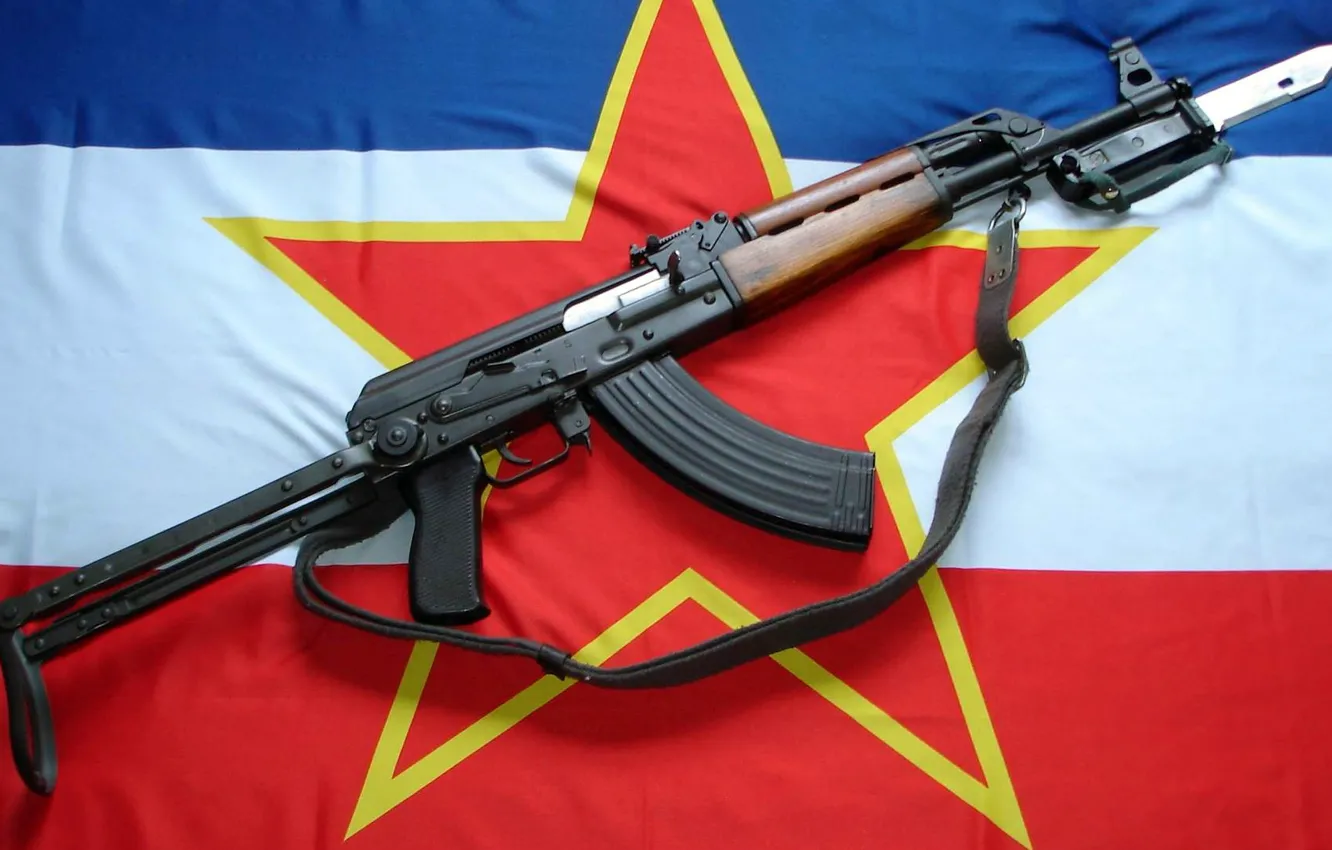 Photo wallpaper flag, Yugoslavia, Serbian company, 62-mm machine gun Kalashnikov, Zastava M70, Variant with a folding butt, …