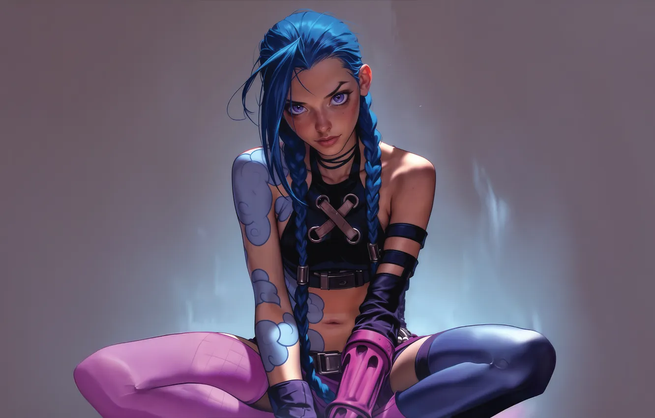 Photo wallpaper girl, League of Legends, LoL, Jinx, blue hair, AI Art, AI Generated
