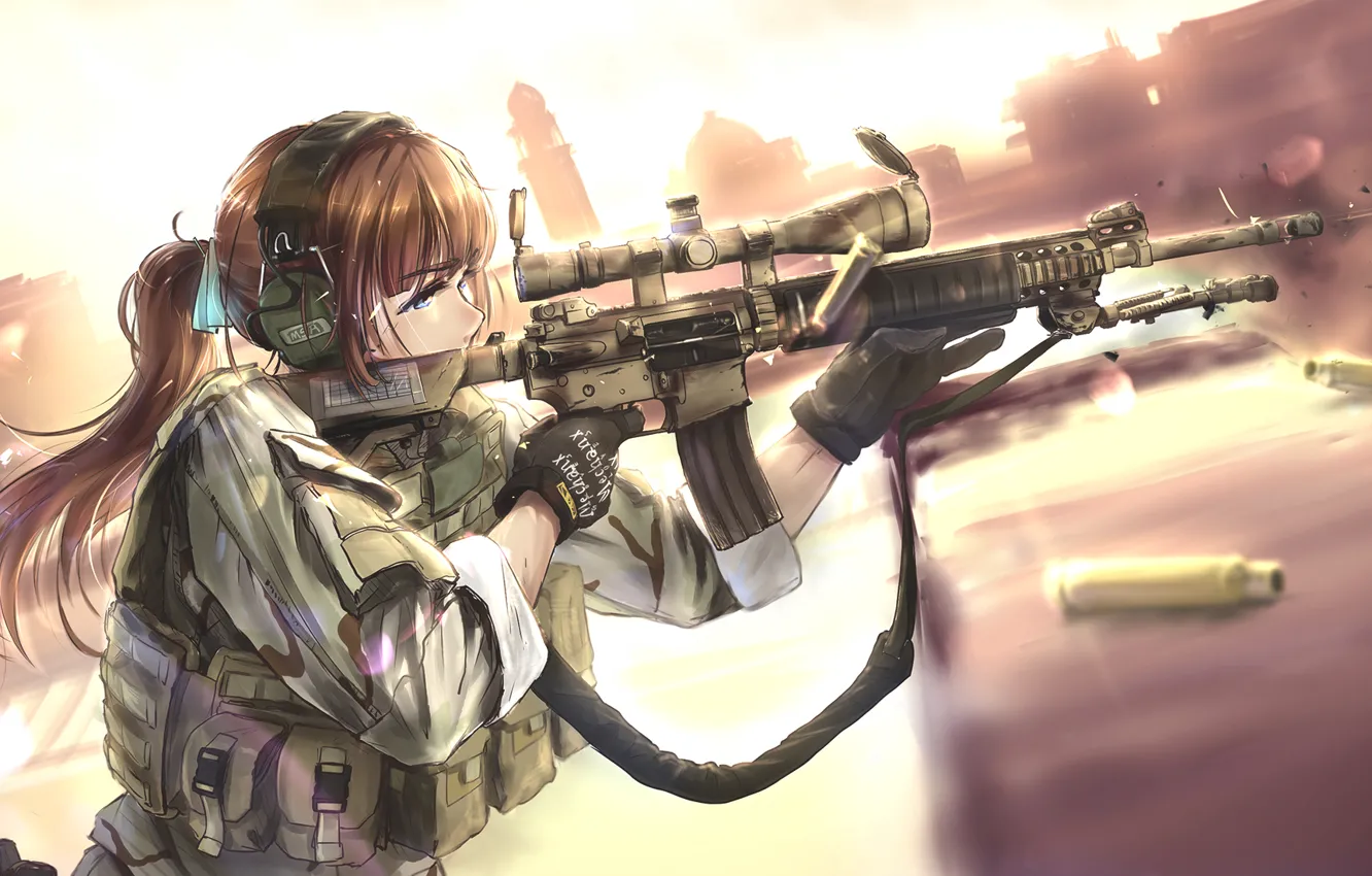 Photo wallpaper girl, weapons, anime, headphones, art, soldiers, bullets, tc1995