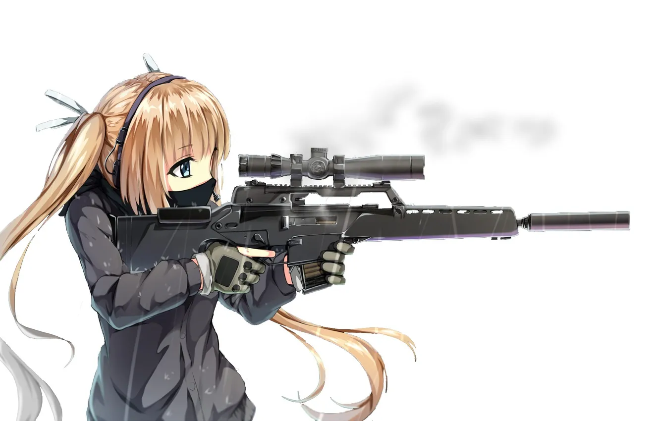 Photo wallpaper look, girl, weapons, background, anime, art, profile, aiming