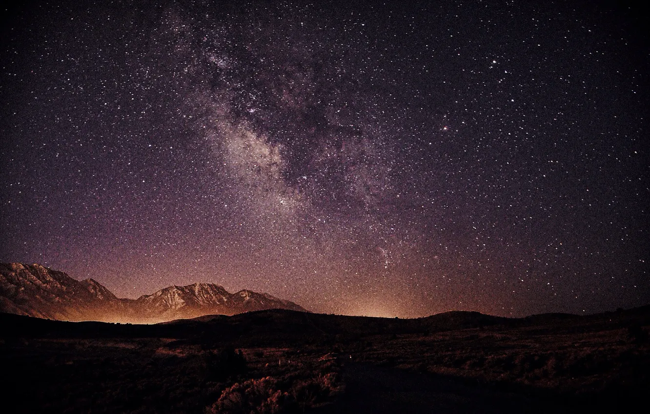 Photo wallpaper Stars, Space, Landscape, Galaxy, Mountains, Silhouette, Way, Nightscape