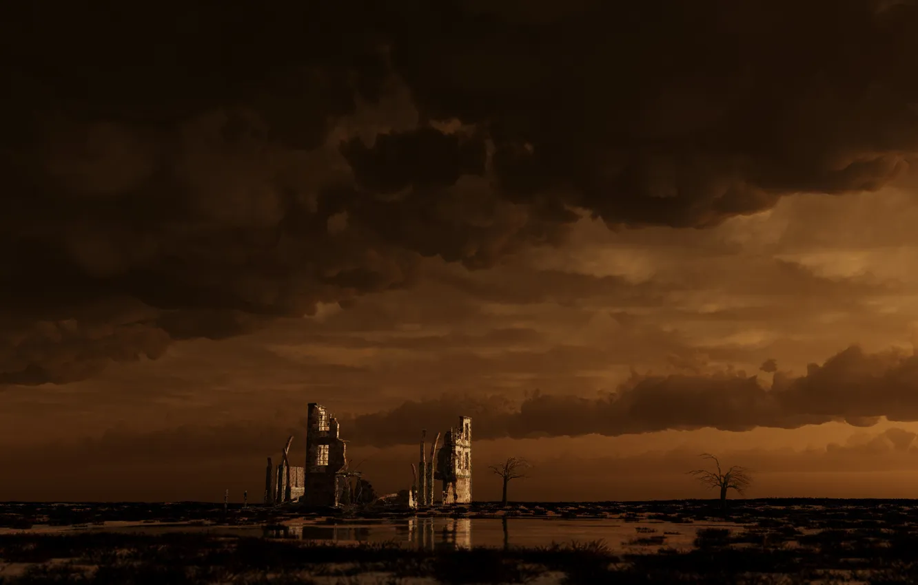 Photo wallpaper clouds, building, wasteland, devastation, buildings