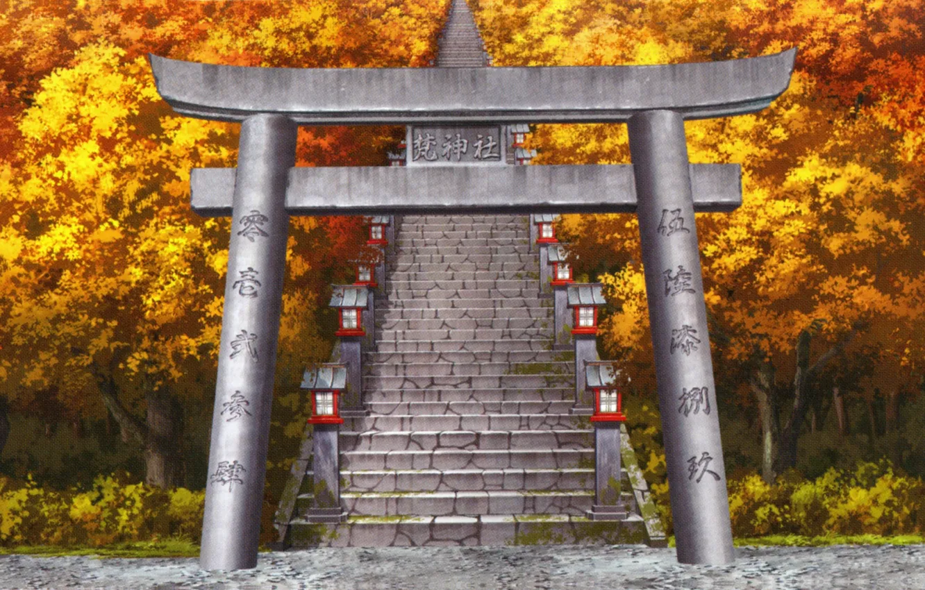 Photo wallpaper Japan, lights, ladder, characters, visual novel, autumn trees, torii gate, Surah Of The Digit