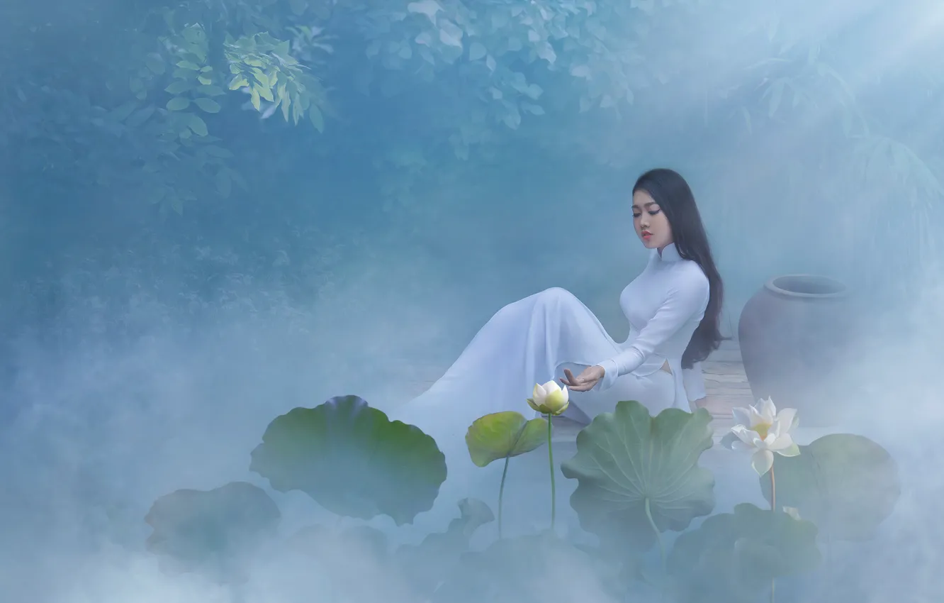 Photo wallpaper white, leaves, girl, light, flowers, pose, fog, pond