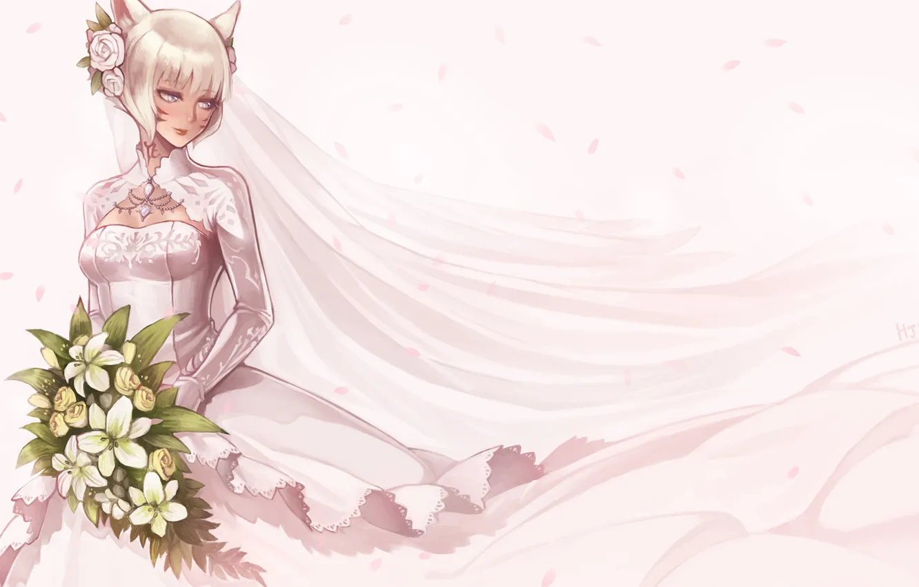 Photo wallpaper girl, bouquet, dress, the bride