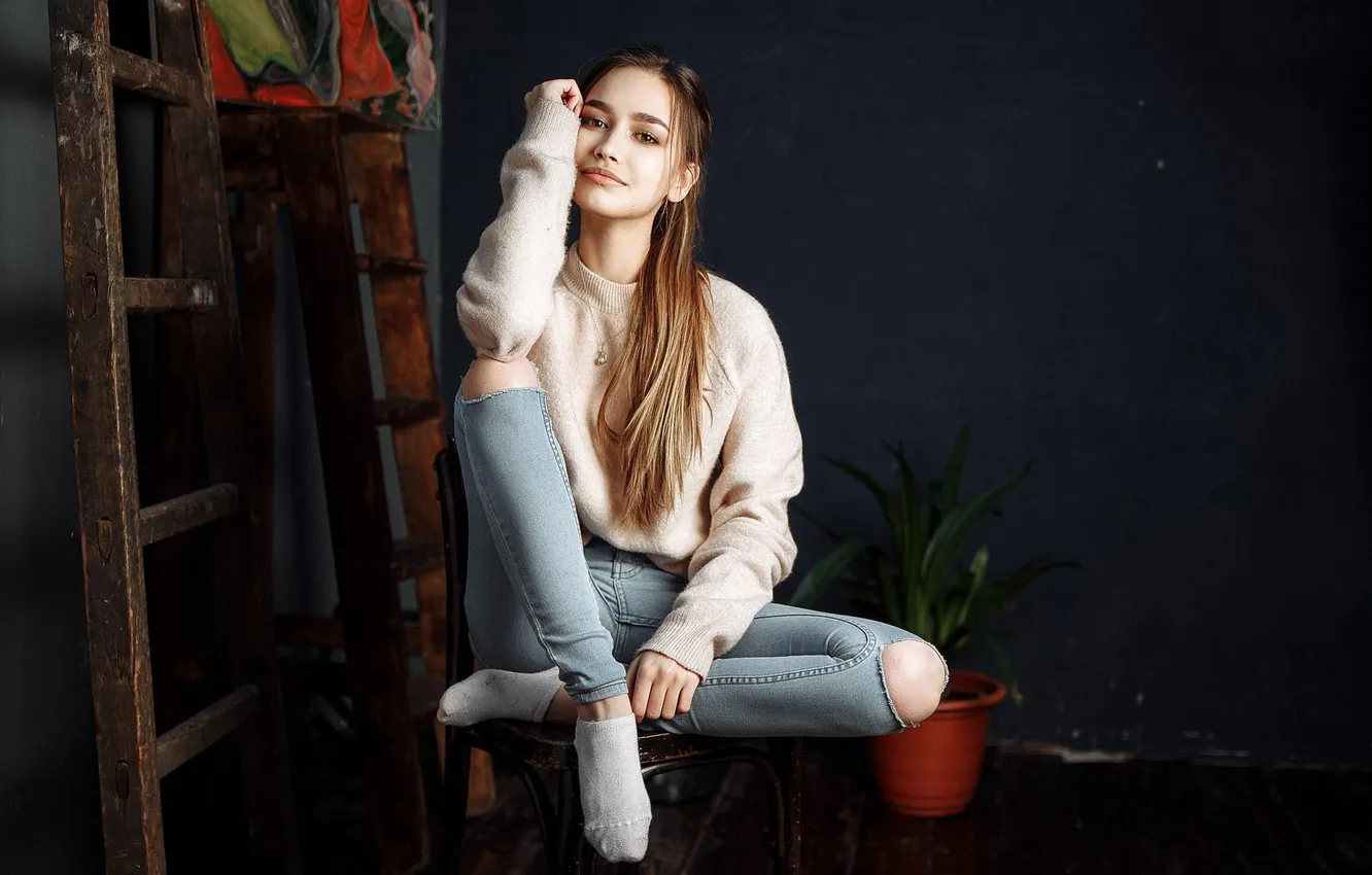 Photo wallpaper girl, beautiful, jeans, cute, sweater
