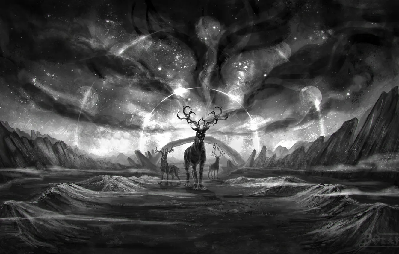 Photo wallpaper fantasy, art, windmill, deer, catch, antlers, grayfox