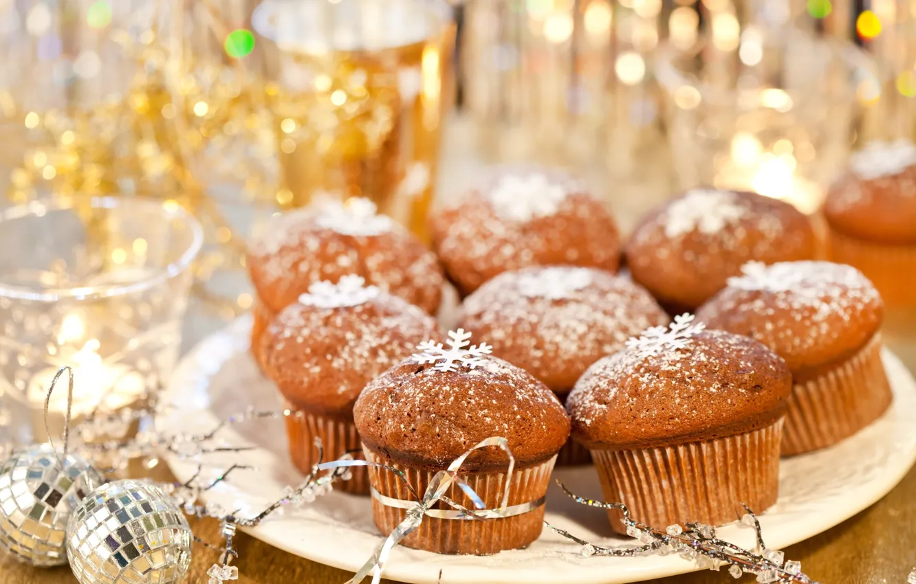 Photo wallpaper balls, holiday, new year, Christmas, dessert, cakes, ribbon, sweet