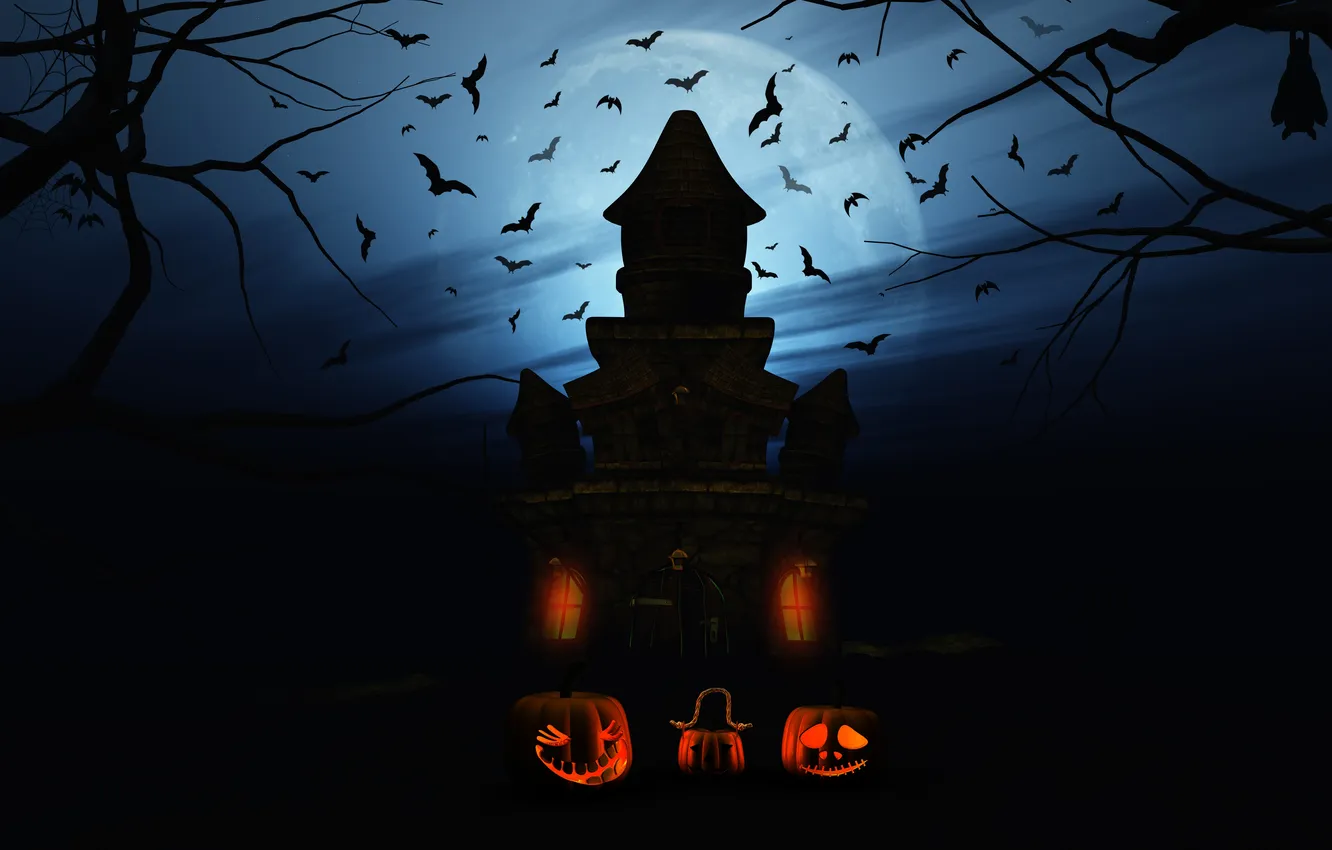 Photo wallpaper trees, night, castle, the moon, Halloween, pumpkin, bats, Halloween