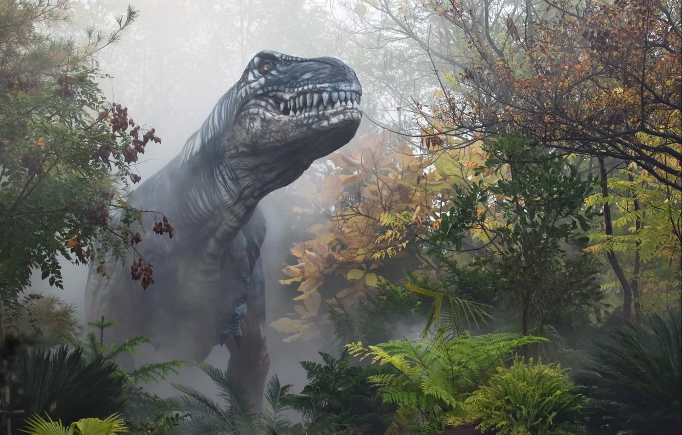 Photo wallpaper autumn, forest, fog, dinosaur