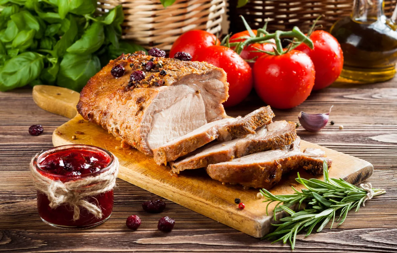 Photo wallpaper meat, tomatoes, sauce, pork