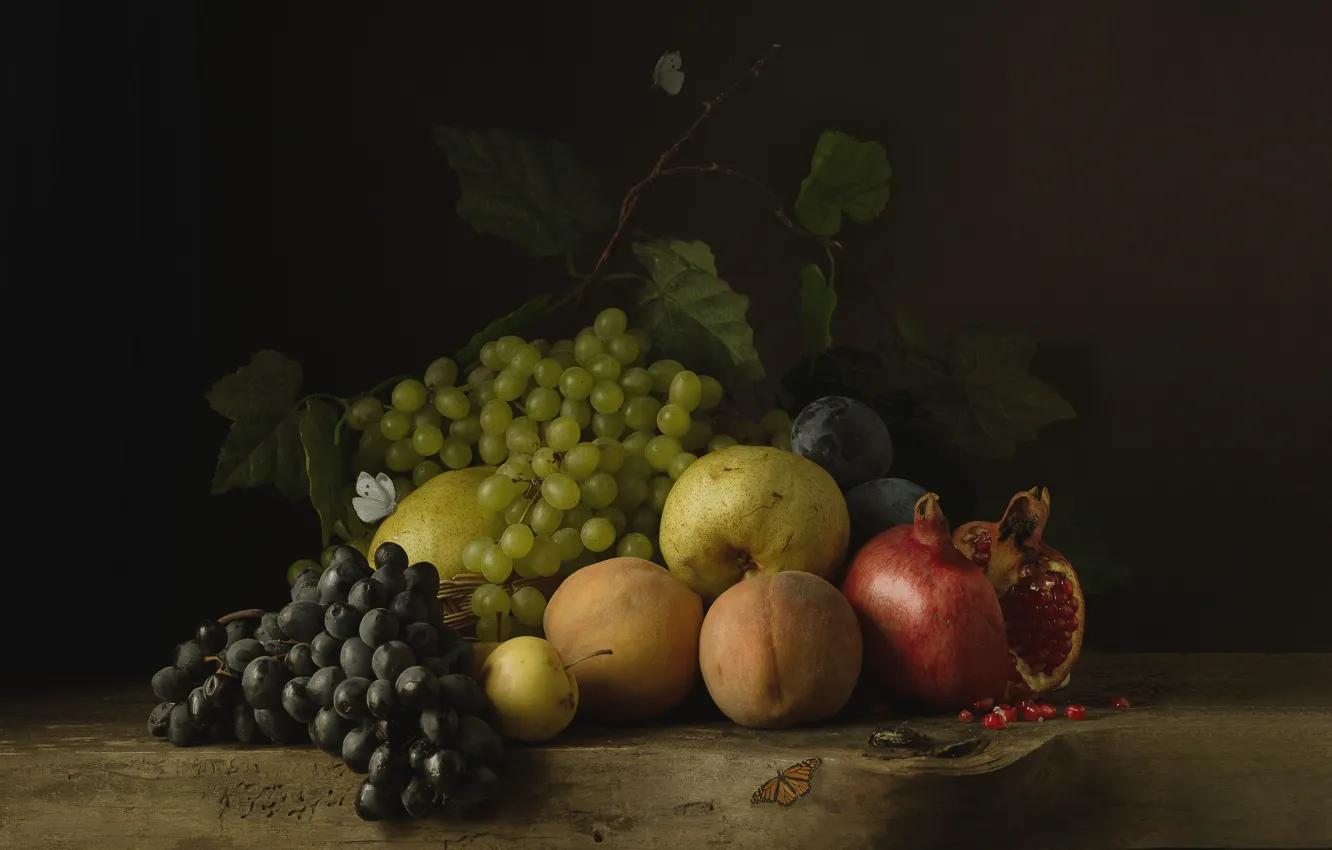 Photo wallpaper grapes, still life, peaches, garnet