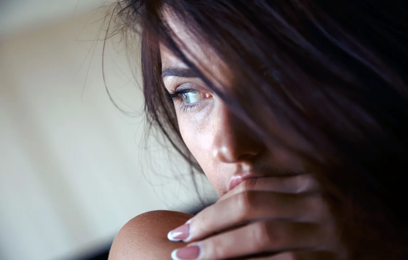 Photo wallpaper girl, long hair, photo, blue eyes, model, mood, face, brunette