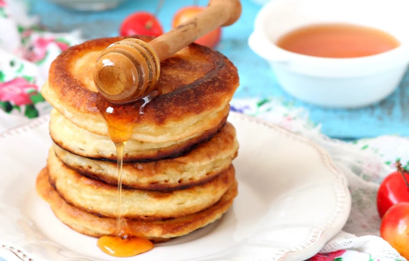 Photo wallpaper berries, Breakfast, honey, plate, pancakes, pancakes