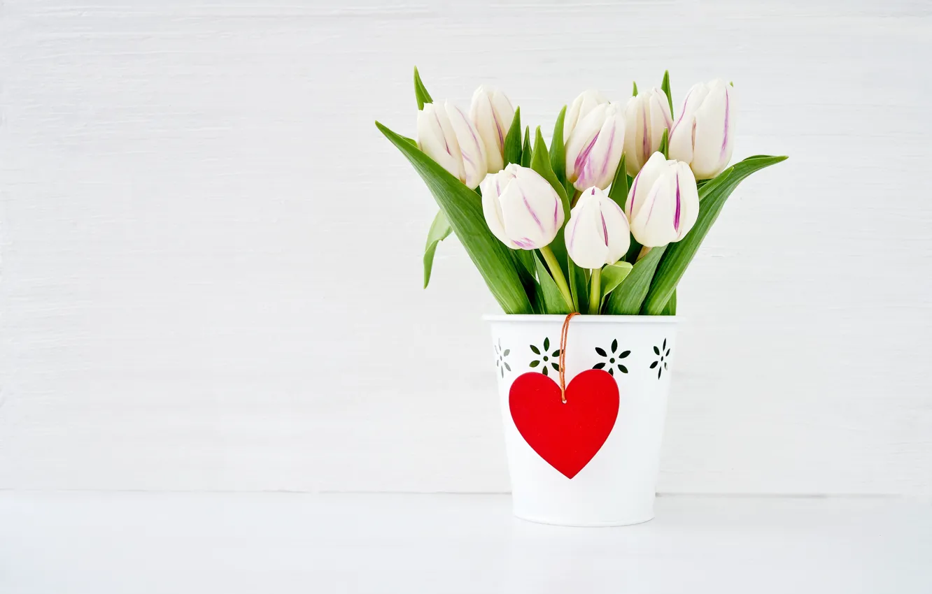 Photo wallpaper holiday, bouquet, tulips, Valentine's day, pots