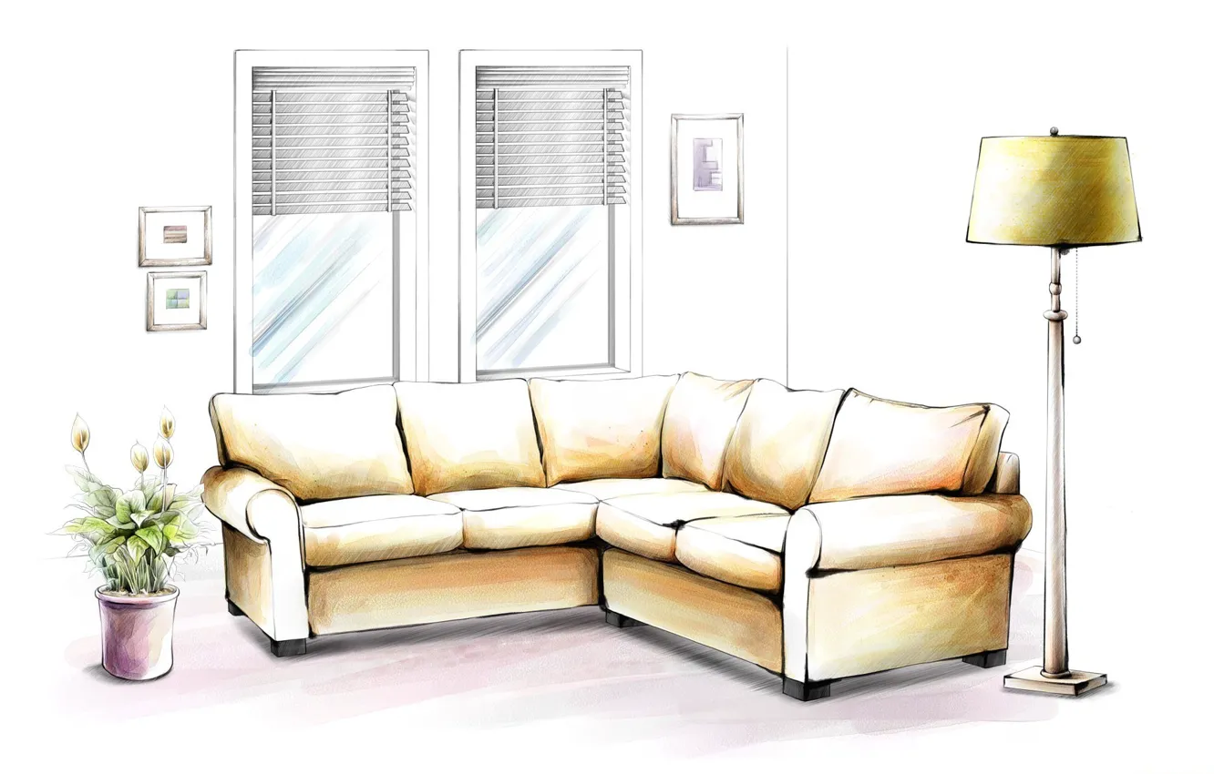 Photo wallpaper flowers, sofa, Wallpaper, figure, lamp, picture, window