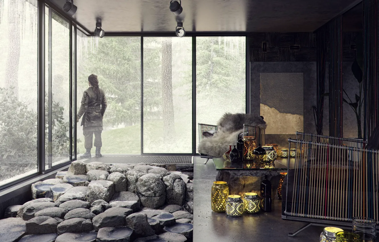 Photo wallpaper forest, stones, man, the room, The House on the Silver Mountain
