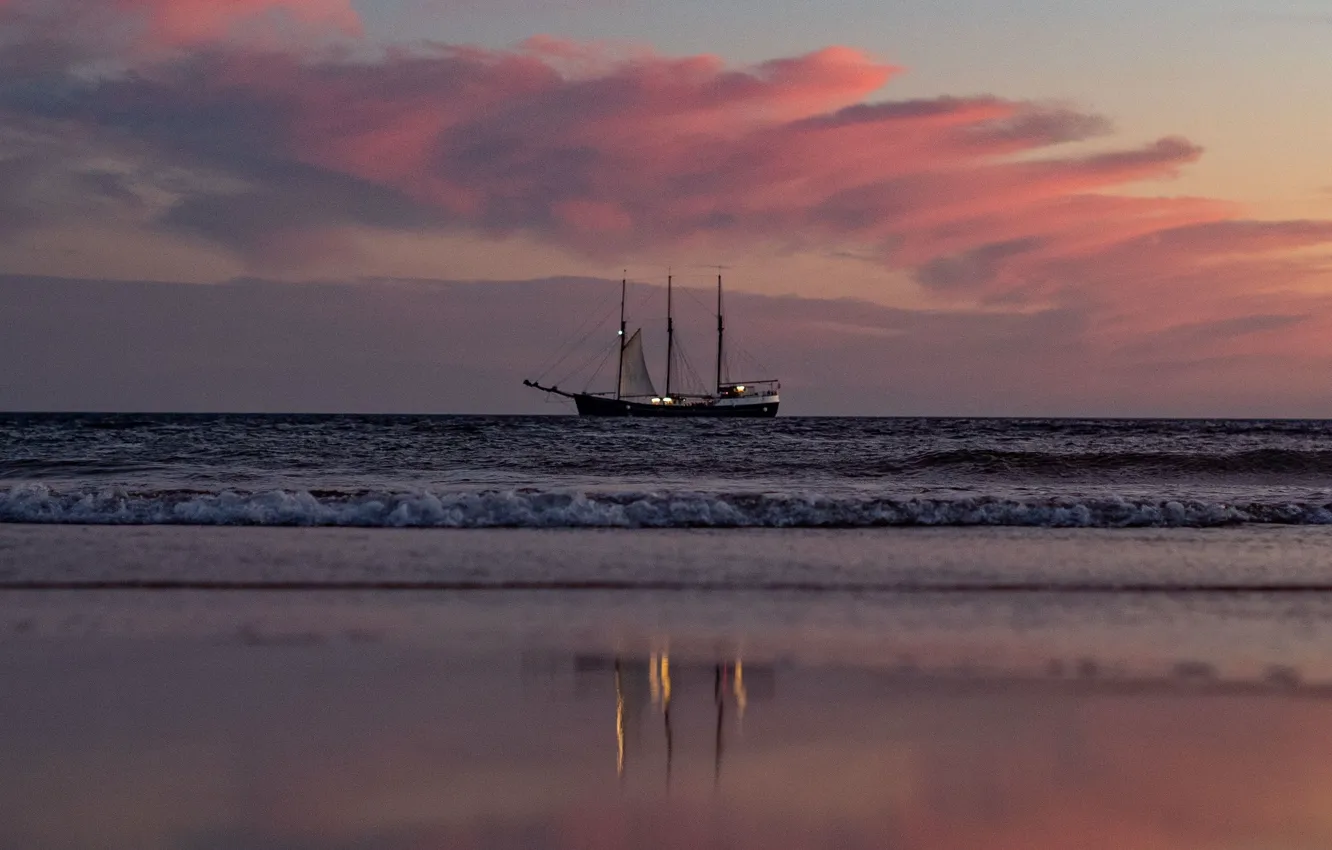 Photo wallpaper sunset, reflection, the ocean, shore, sailboat, the evening