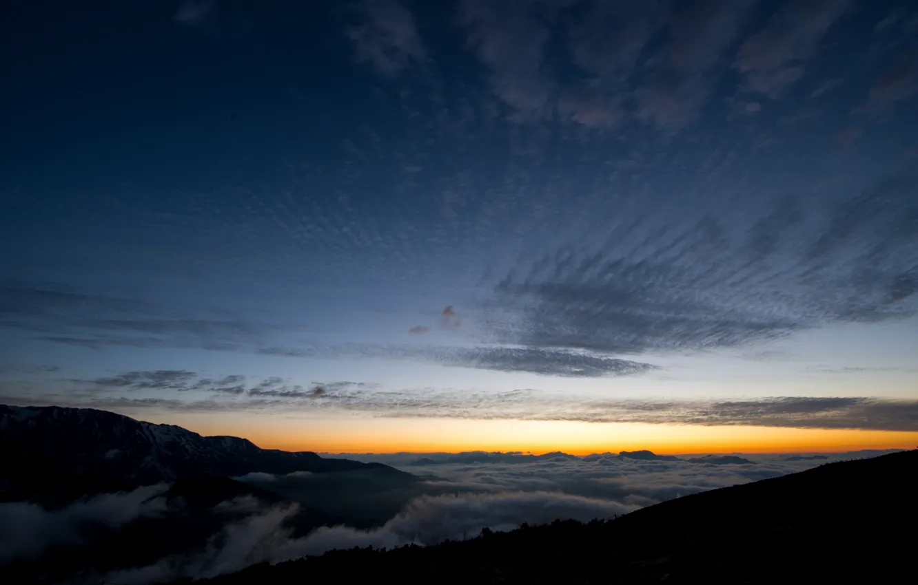 Photo wallpaper the sky, clouds, mountains, dawn, hills, morning, Japan, haze