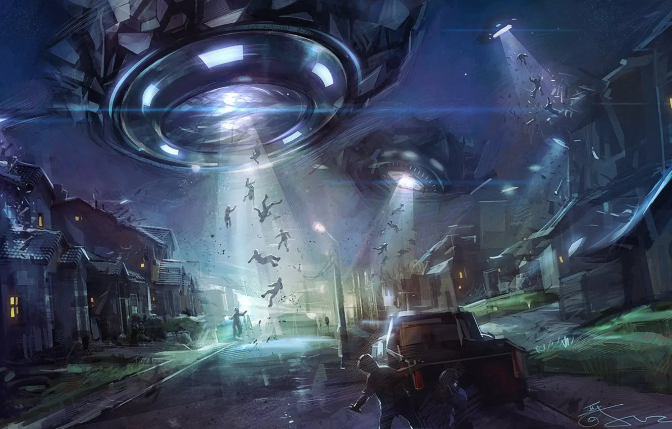 Photo wallpaper fantasy, road, cars, night, science fiction, spaceship, people, houses