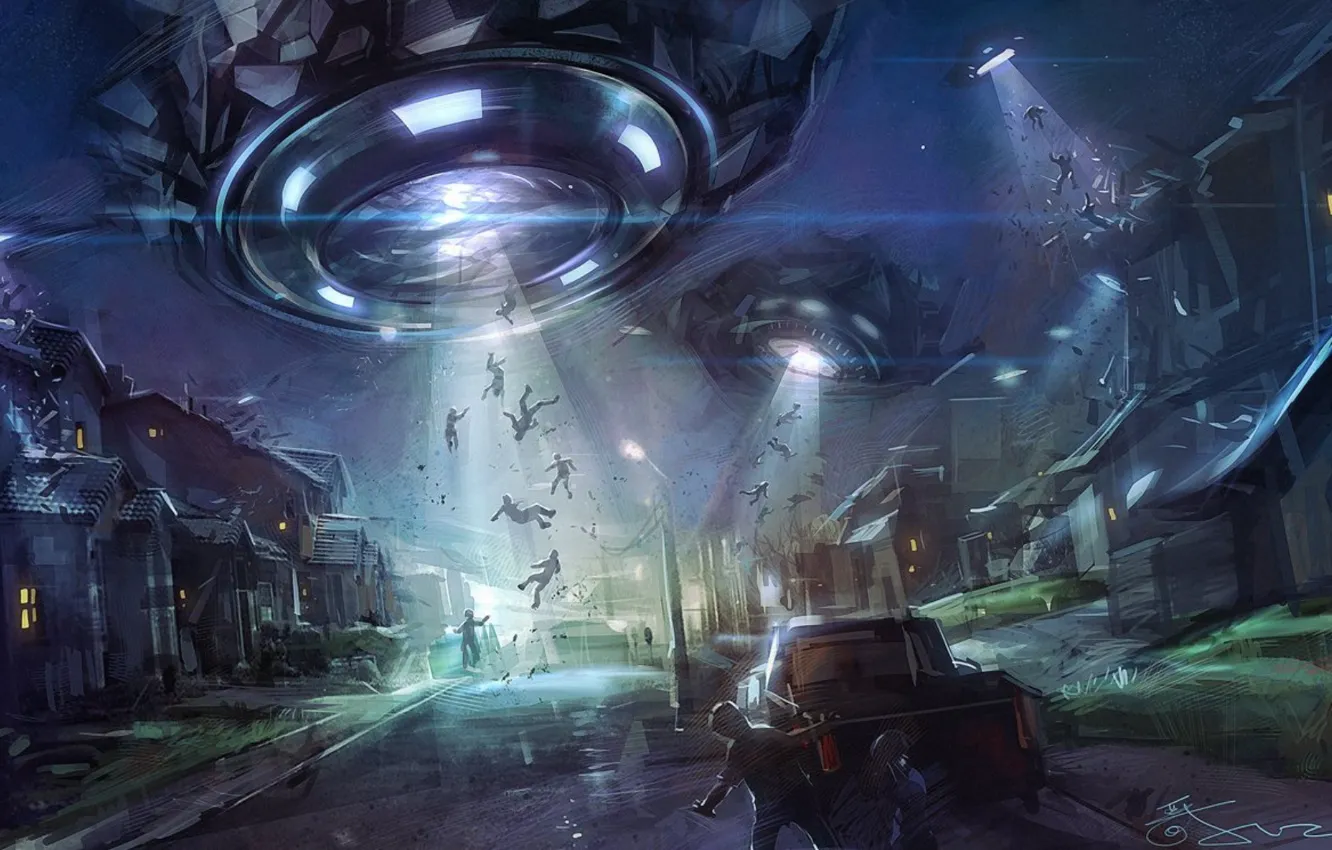 Photo wallpaper aliens, fantasy, road, cars, night, science fiction, spaceship, people
