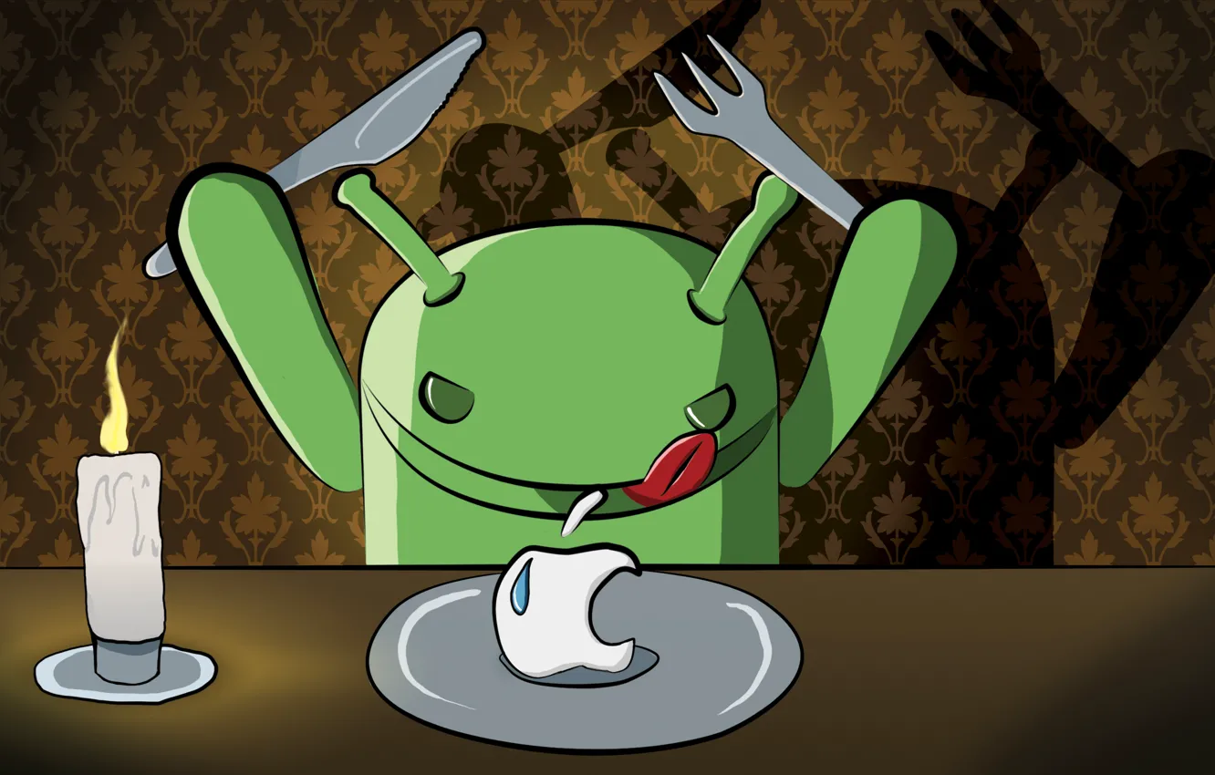 Photo wallpaper apple, candle, art, plate, knife, plug, android, dinner