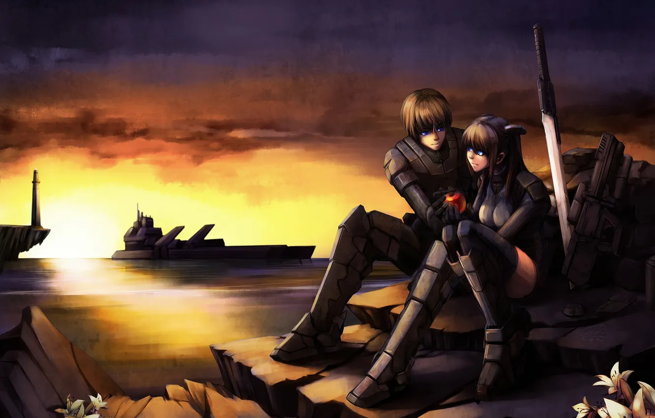 Photo wallpaper sea, girl, sunset, smile, weapons, apples, soldiers, guy