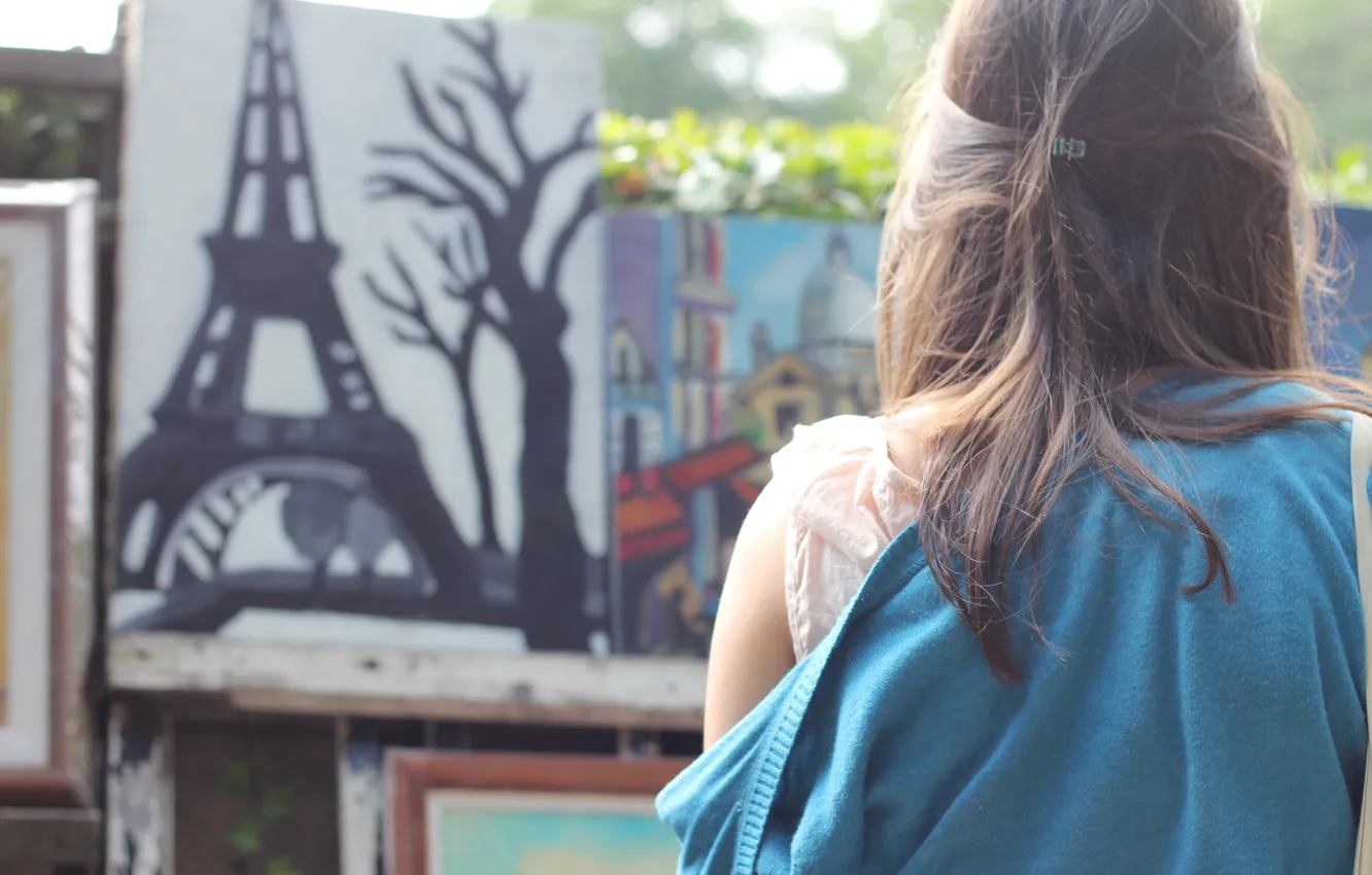 Photo wallpaper girl, trees, hair, figure, Eiffel tower, barrette