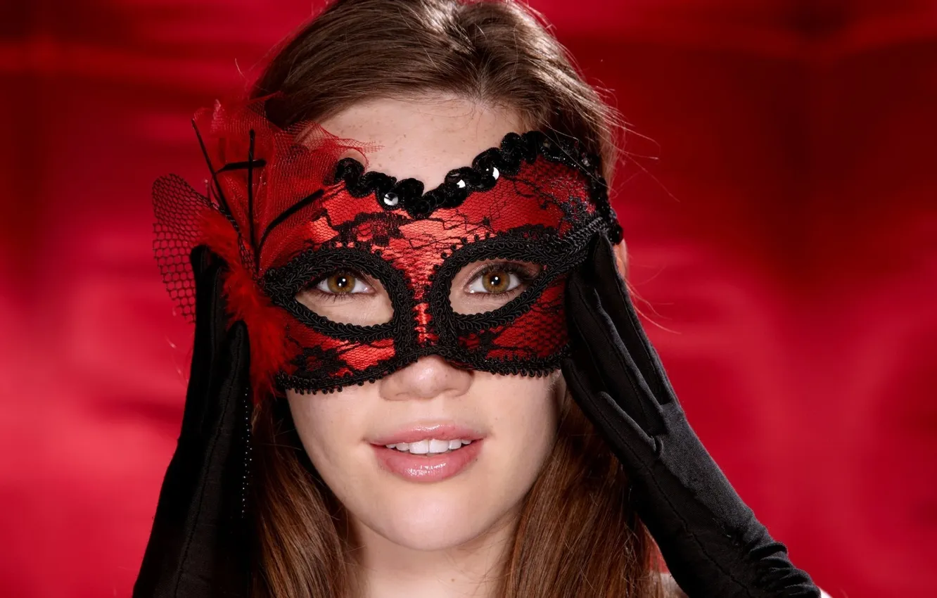 Photo wallpaper girl, red, background, mood, Wallpaper, brunette, mask, masquerade