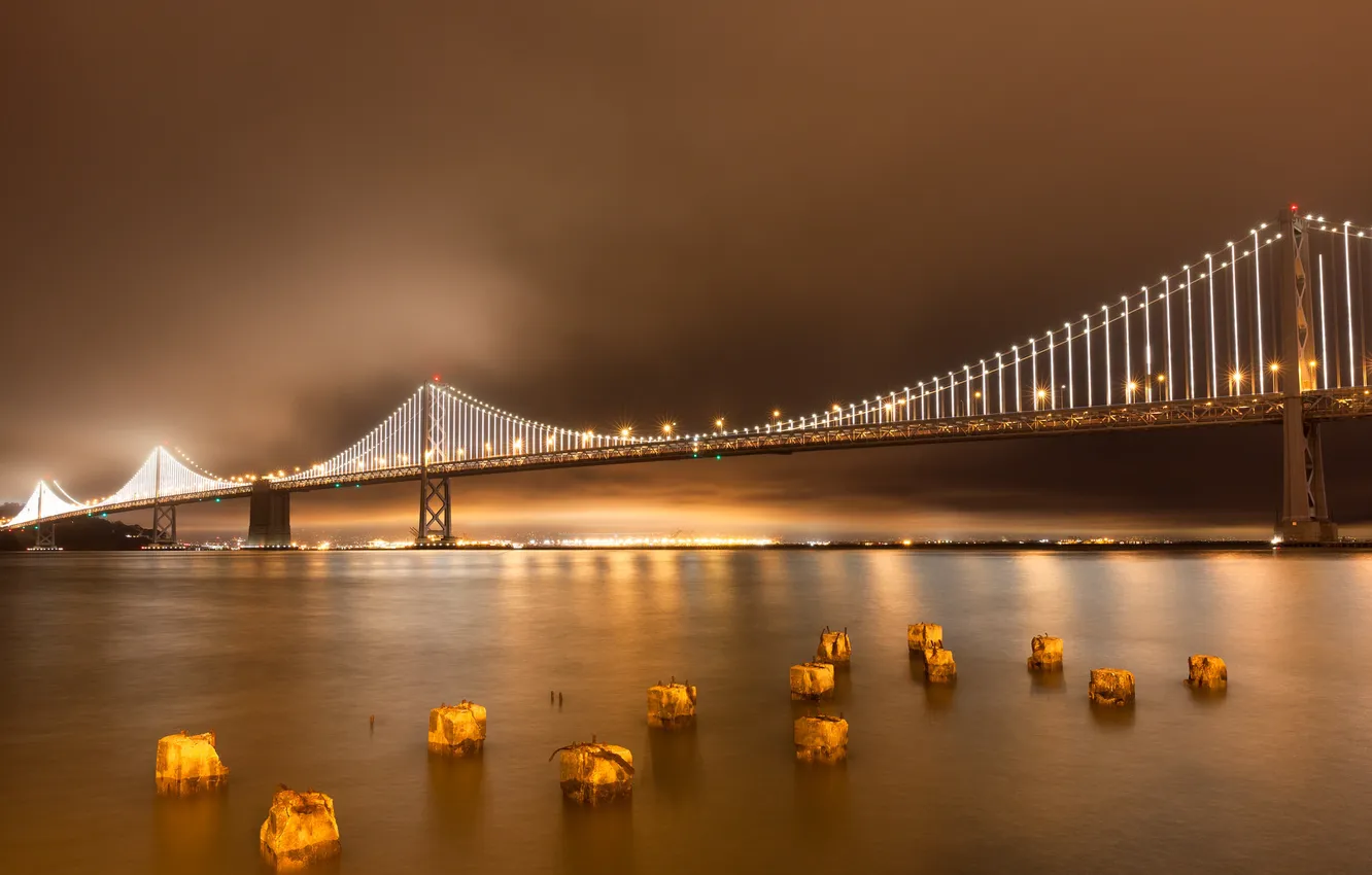 Photo wallpaper the sky, night, bridge, the city, lights, Bay