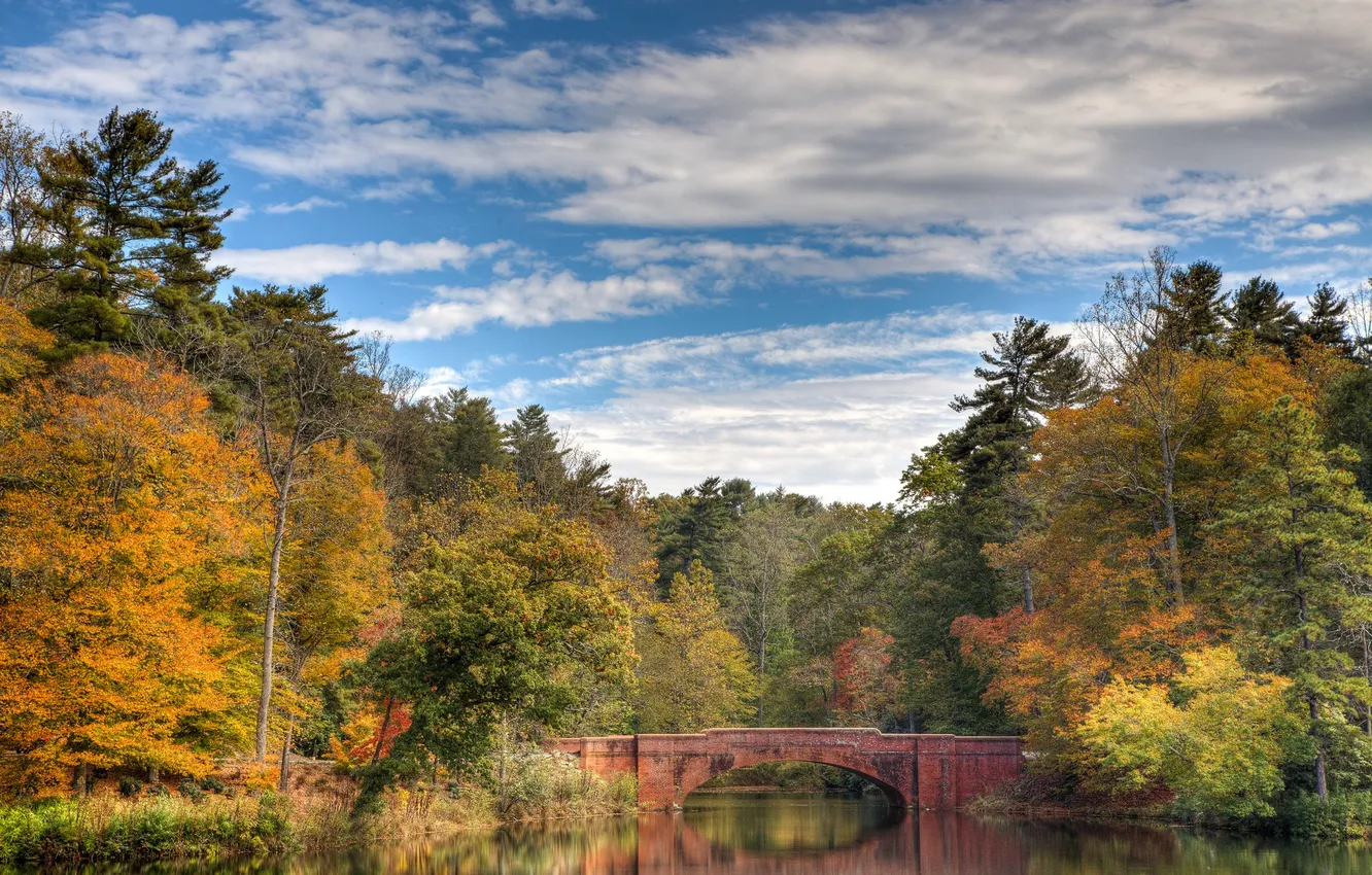 Photo wallpaper autumn, the sky, clouds, trees, bridge, lake, reflection, mirror