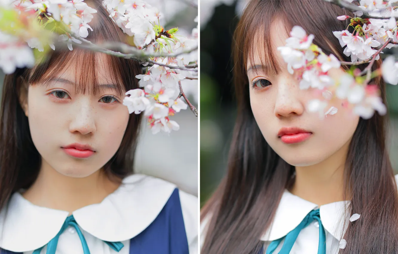 Photo wallpaper woman, flowers, beautiful, tree, model, pretty, asian, cute