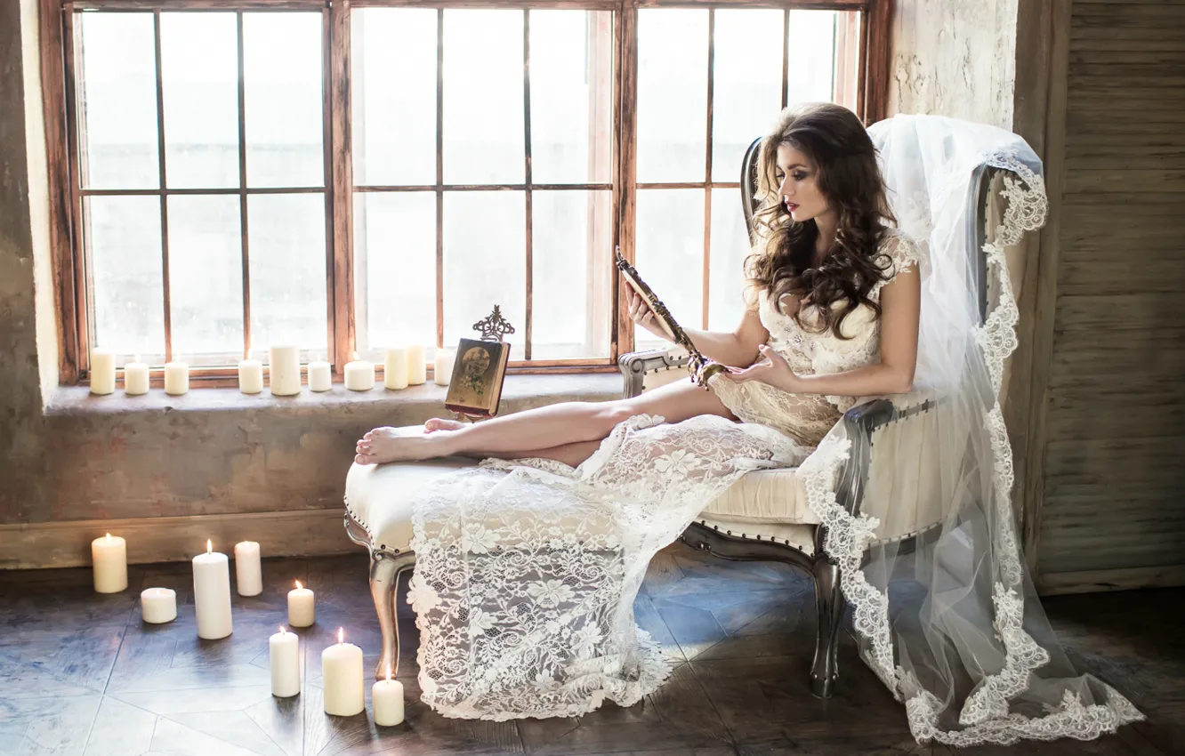 Photo wallpaper mood, chair, candles, mirror, brunette, window, lace