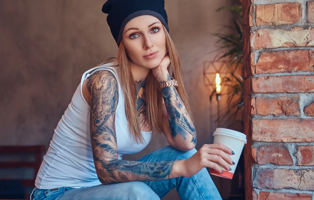 Photo wallpaper look, girl, pose, style, jeans, hands, Mike, tattoo