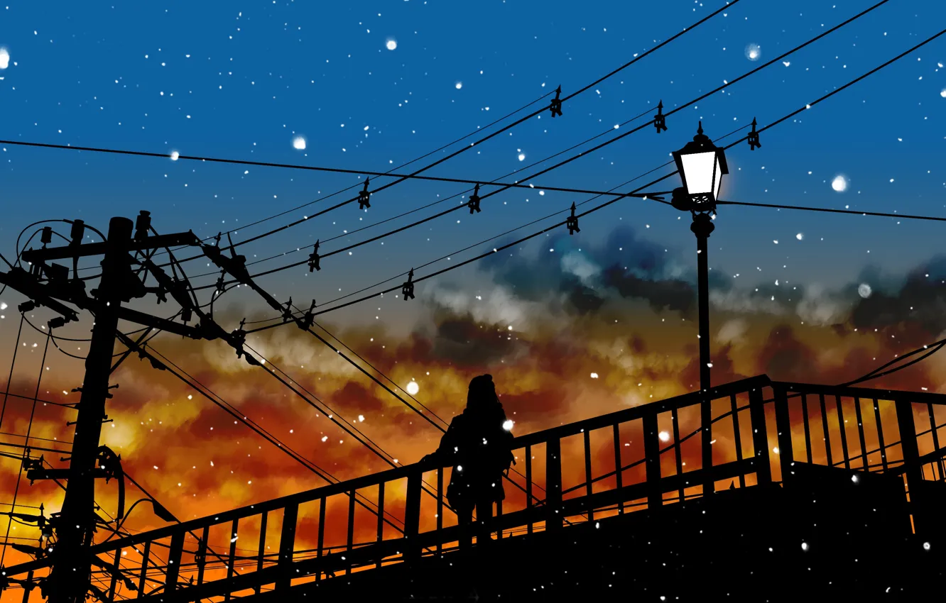 Photo wallpaper the sky, girl, snow, silhouette, lights, power lines