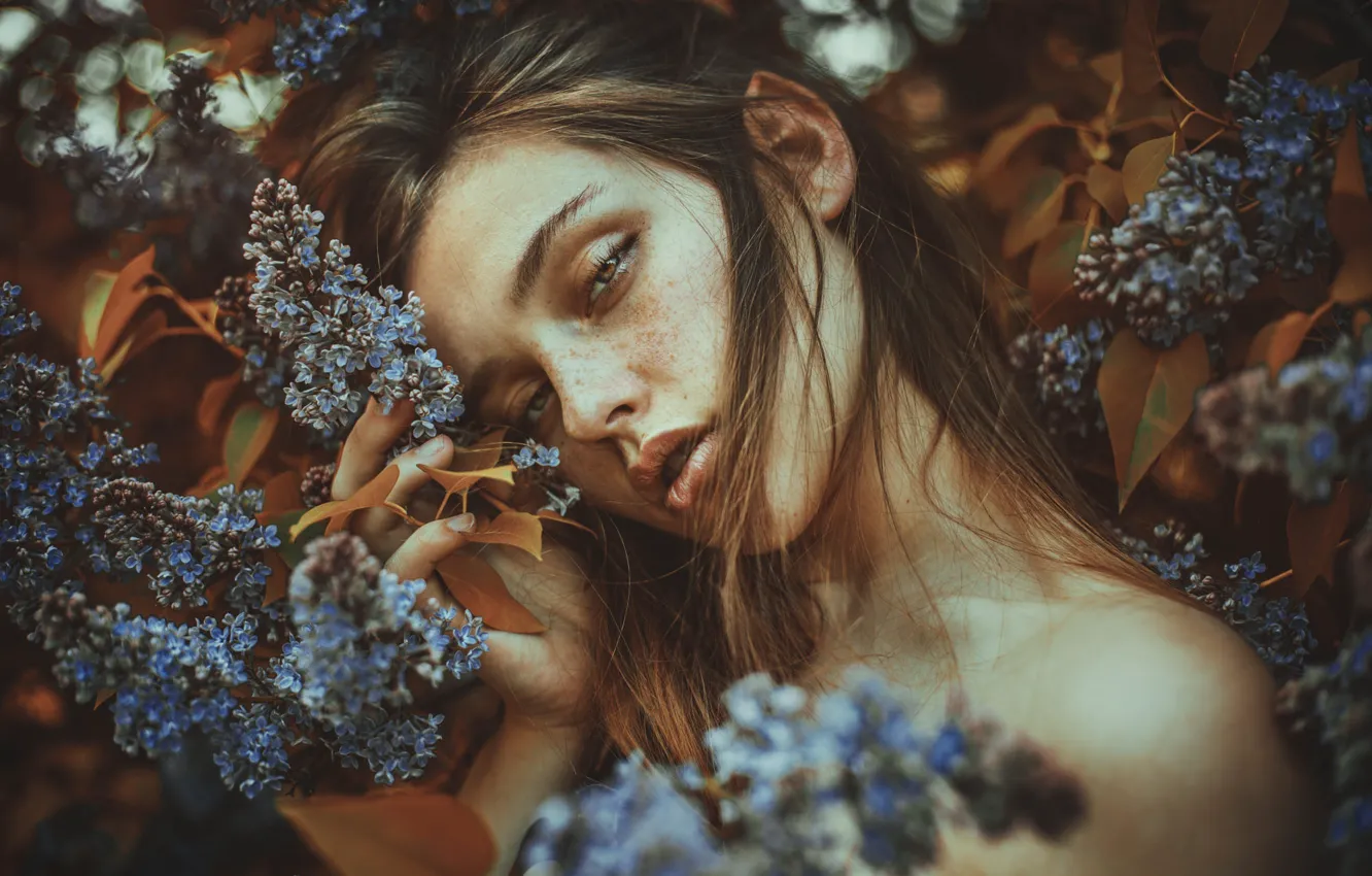 Photo wallpaper look, girl, flowers, mood, portrait, spring, garden, shoulders