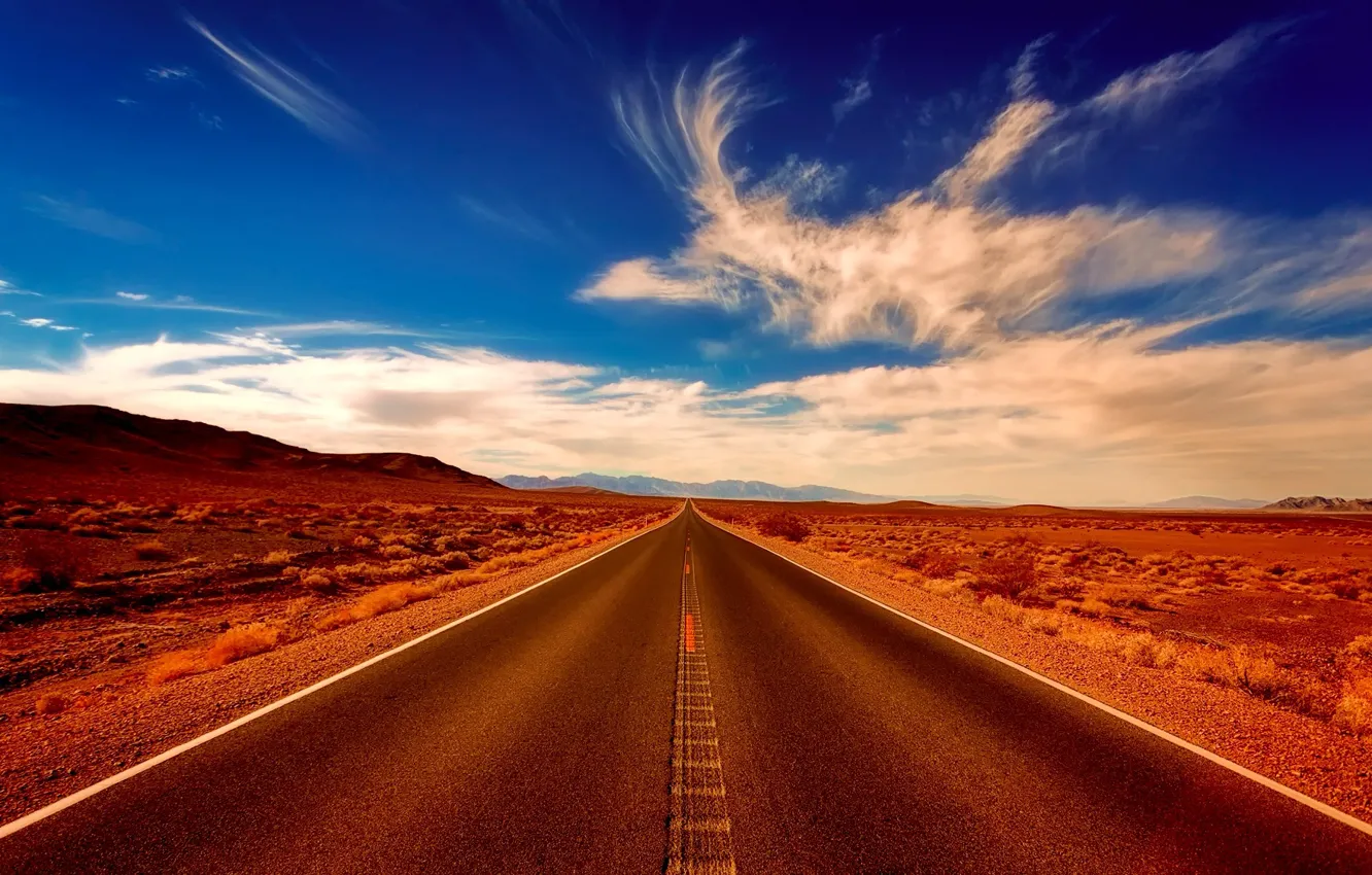 Photo wallpaper road, the sky, the sun, clouds, desert, highway, space