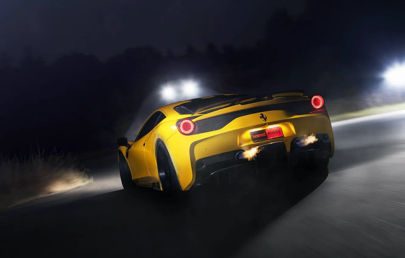 Photo wallpaper road, yellow, fire, speed, ferrari, Ferrari, yellow, back