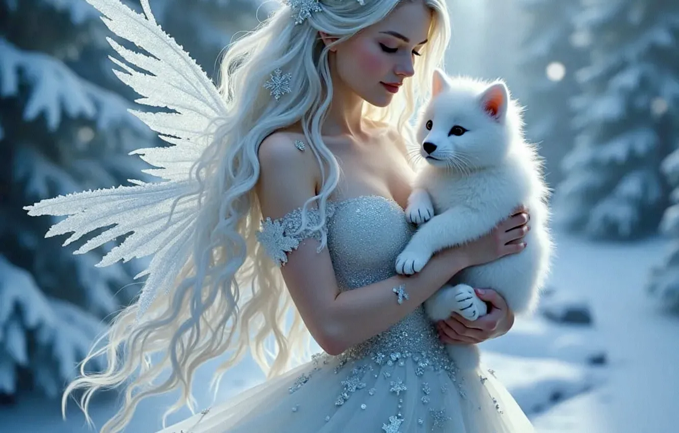 Photo wallpaper winter, forest, girl, snow, wings, angel, cub, white dress