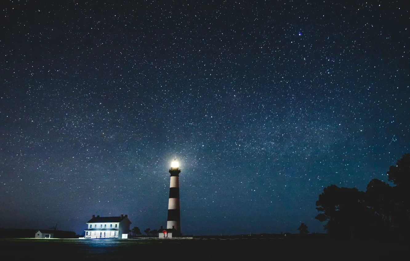 Photo wallpaper stars, night, lighthouse