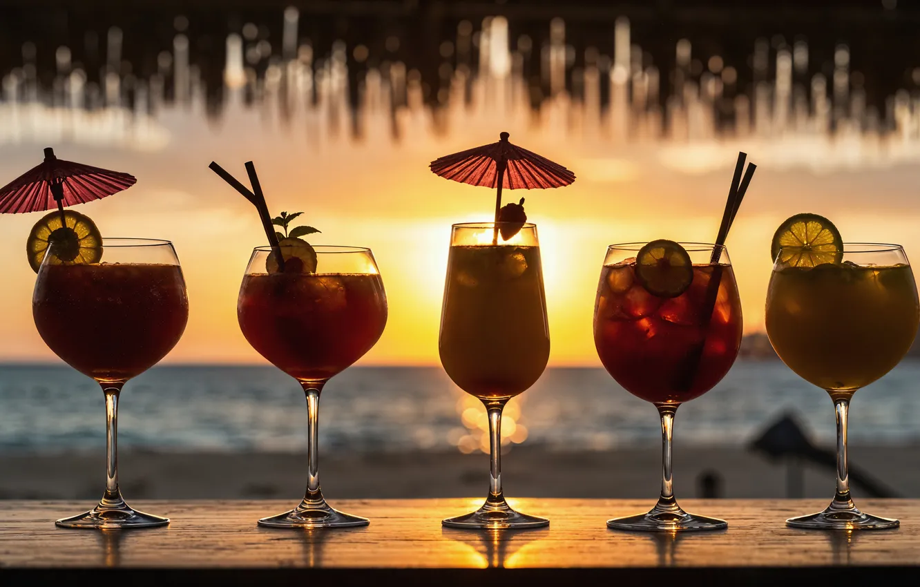 Photo wallpaper sea, beach, summer, sunset, shore, cocktail, juice, summer