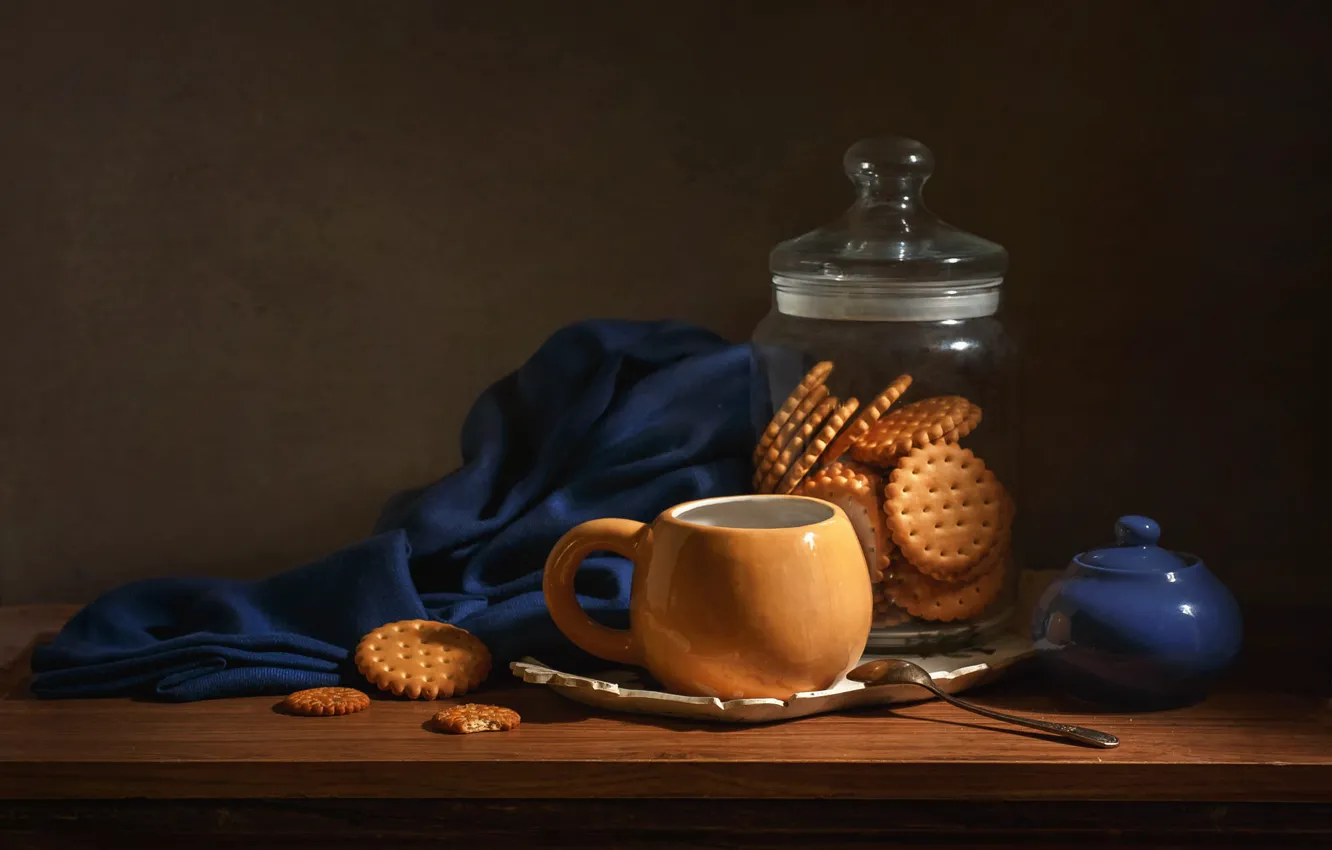 Photo wallpaper glass, table, towel, cookies, spoon, mug, Cup, Bank
