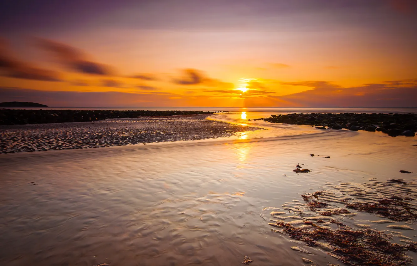 Photo wallpaper sea, the sky, the sun, clouds, sunset, stones, tide