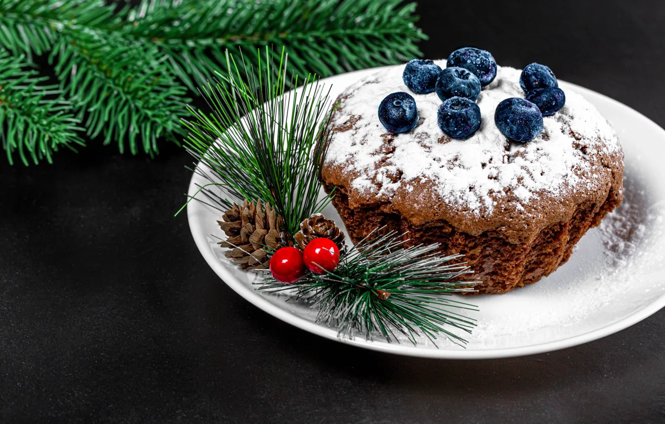 Photo wallpaper berries, plate, Christmas, New year, bumps, cupcake, twigs, powdered sugar