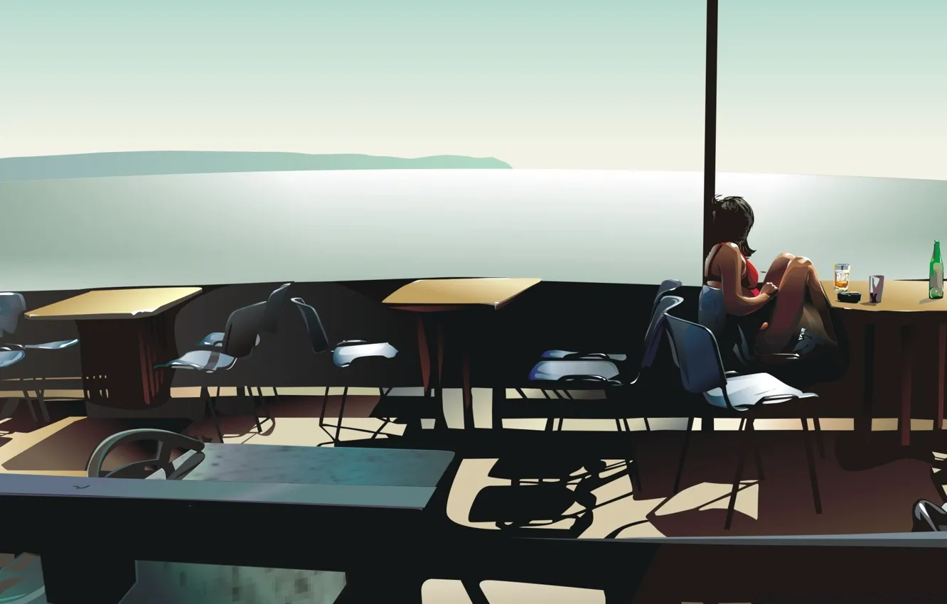 Photo wallpaper table, woman, graphics, cafe, lonely