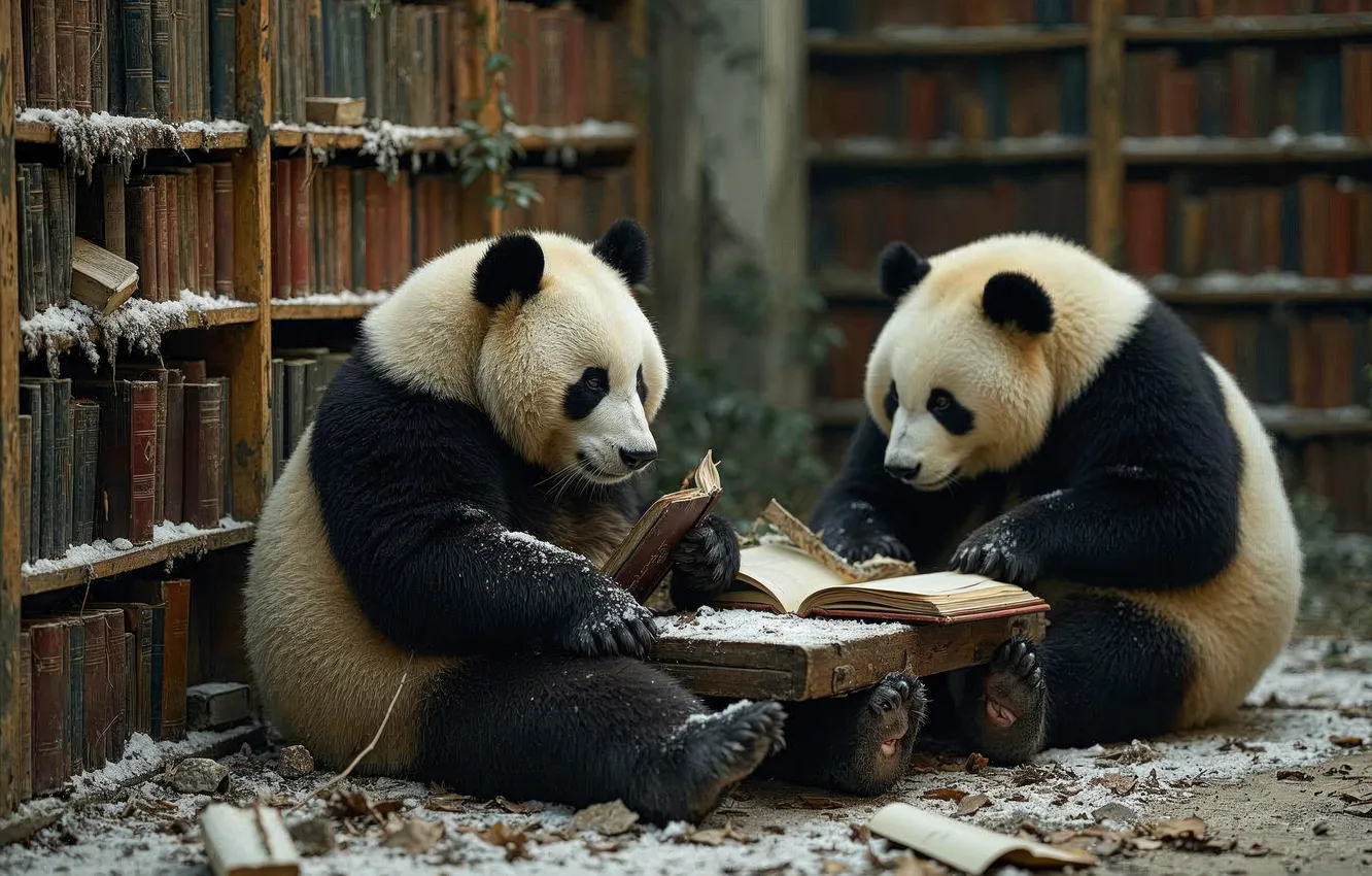 Photo wallpaper Panda, book, library, a couple, neural network
