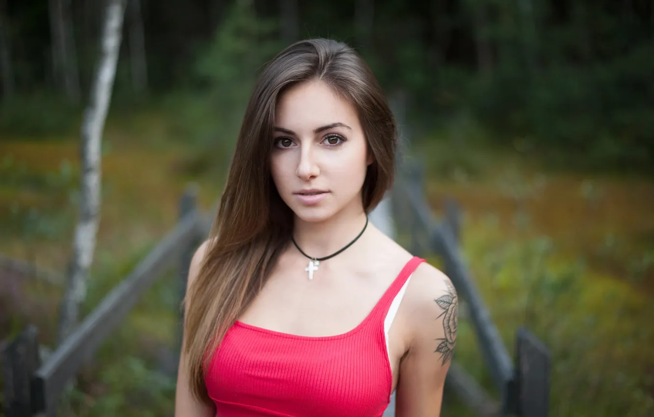Photo wallpaper girl, long hair, brown eyes, photo, photographer, cross, model, tattoo