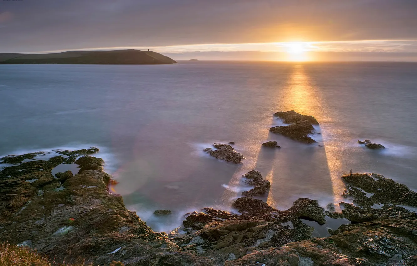 Photo wallpaper sea, the sun, stones, rocks, dawn, coast